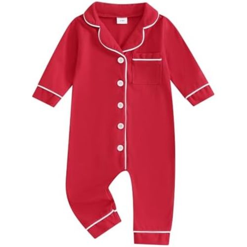 Baby Girl Boy Pajamas Romper Button-Up One-Piece Pajamas Onesie Footie Red Christmas Pjs Newborn Hospital Clothes