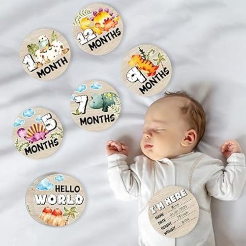 Dinosaur Baby Monthly Milestone Circles, Baby Months Wooden Disc Stuff for Baby Photo Takens with Hello World Name Signs - 7Pcs Double Sides Round Circles Signs for Documenting Growth
