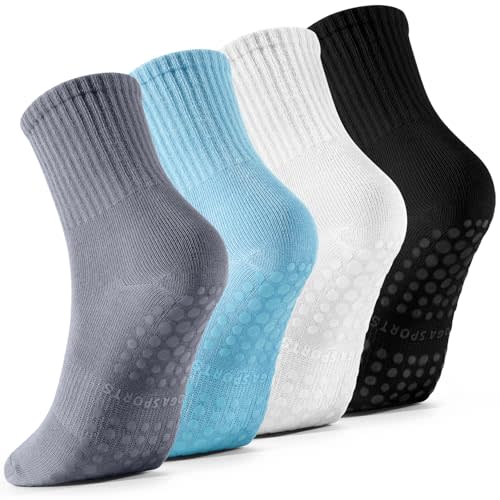 Haoteey 4 Pairs Pilates Socks with Grips for Women, Barre Yoga Grippy Socks, Womens Non Slip Pilates Crew Sticky Socks