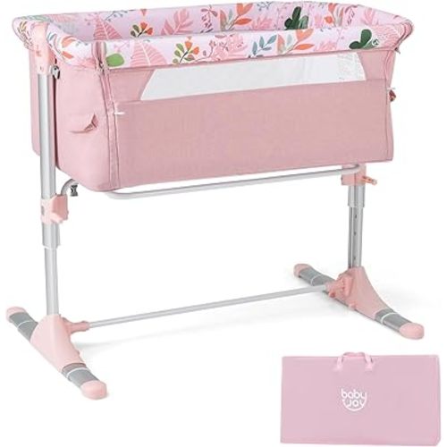 BABY JOY Bassinet, Printed Folding Bedside Crib w/Adjustable Height, Retractable Feet, Soft Mattress & Portable Carry Bag, Baby Bassinets Bedside Sleeper for Newborn Infant, Pink