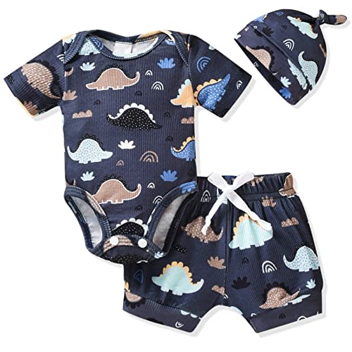 3-6 Months HINTINA Preemie Newborn Infant Baby Boys Outfits Dinosaur Bodysuit Romper Short Pants Hats 3Pcs Summer Clothes Set