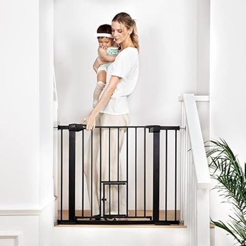 COMOMY 29.5-40.5" Baby Gate with Cat Door, Extra Wide Metal Cat Gate for Stairs Doorways, Auto Close Dog Gate with Pet Door for House, Pressure Mounted Easy Walk Through Pet Gate(30" Tall, Black)