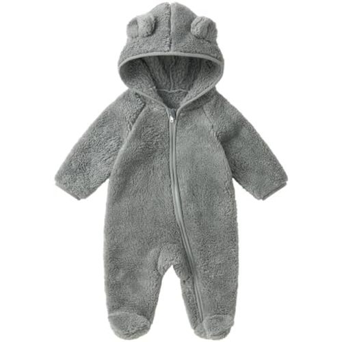 pureborn Newborn Baby Fleece Footed Jumpsuit Hooded Pramsuit Winter Snowsuit for Infant Boys Girls 0-12 Months