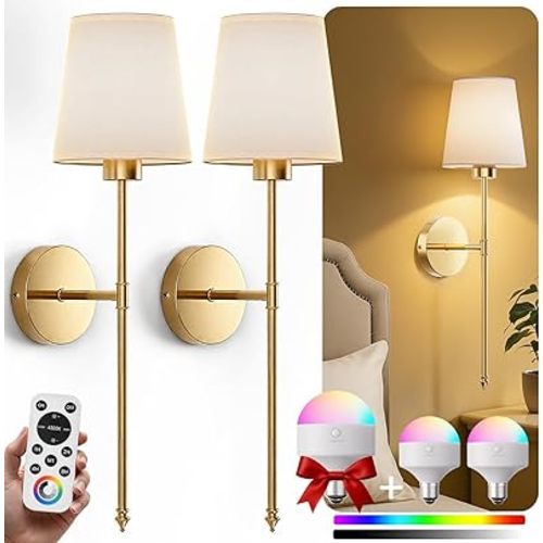 Battery Operated Wall Sconce Set of 2, Wireless Wall Sconces Set of Two, 10 Colors Wall Sconces Battery Operated, 5200mAh Dimmable Bulbs and Remote, for Bedroom, with Bonus Bulb (24 inch - Gold)