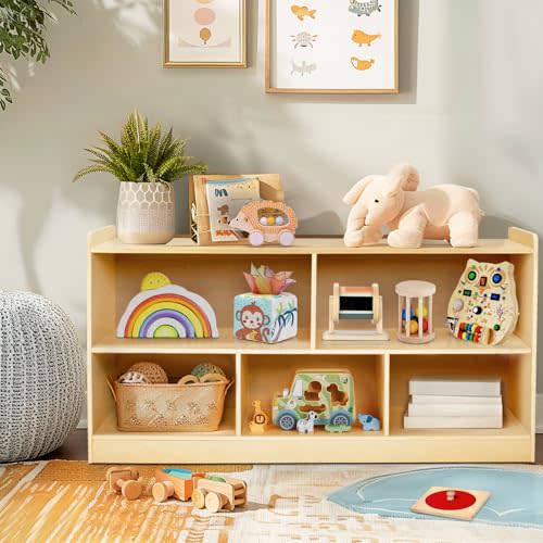 PTINFLUCE Montessori Shelf, Wooden Toy Storage Organizer for Books Toys, 2 Shelf Bookcase, 5-Section Storage Cabinet, Toddler Book Shelf for Kids Rooms, Playroom, Nursery, Kindergarten (Natural)