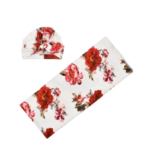 Baby Floral Swaddle Turban Hat Soft Sleeping Blanket Wrap Set