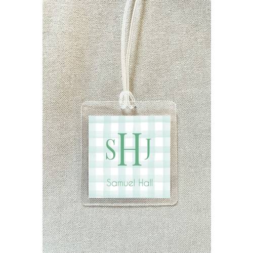 Personalized Watercolor Gingham Boy Bag Tag, Laminated Monogram Luggage Tag, Diaper Bag