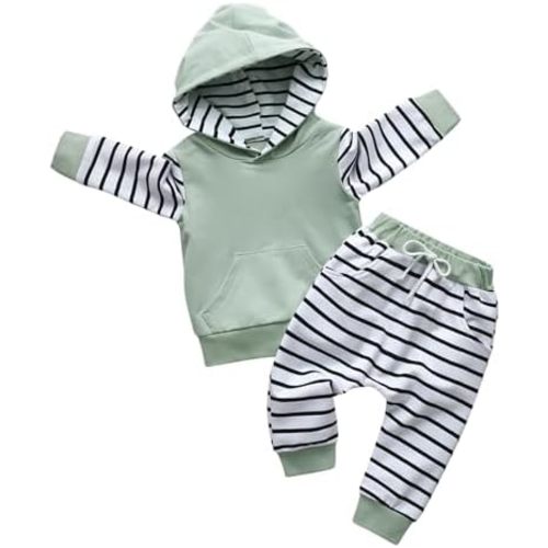 Toddler Infant Baby Boy Clothes Striped Long Sleeve Hoodie Tops Sweatsuit Pants Outfit Set