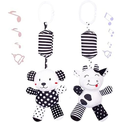 Baby Car Seat Toys, Black White Stroller Toy Stretch Baby Spiral Plush Toys, Hanging Rattle Toys for Crib Mobile, Newborn Sensory Toy Best Gift for 0 3 6 9 12 Months (Calf/Panda)