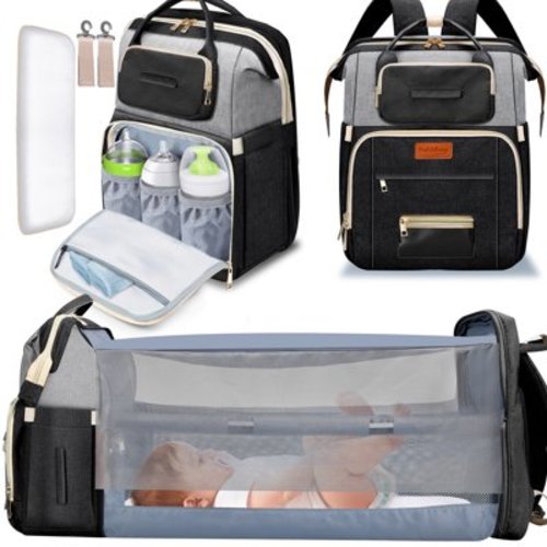 Bubblbay 7-in-1 Diaper Bag with Changing Station, Large Capacity Waterproof Baby Bag with USB Charging Port and Insulated Bottle Pockets - Black