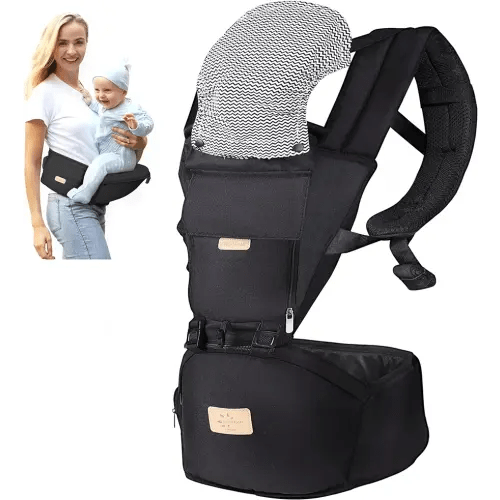 FRUITEAM Baby Carrier with Head Support and Hip seat (Cool Black)