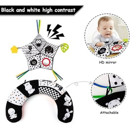 teytoy Tummy Time Pillow with Crinkle Mat & Teethers, Black and White High Contrast Baby Toys with Mirror, Montessori Sensory Crawling Toy for Infant Newborn Toddler Tummy Time Toys 0-6 Months Babies