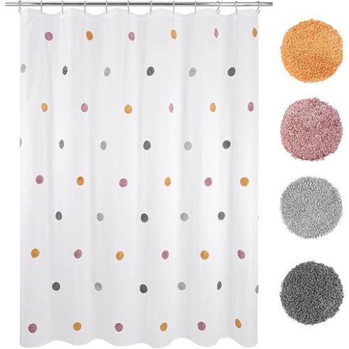 Allure Home Creation Dots Fabric Shower Curtain Pom Poms on White (Multi) 70"x72"