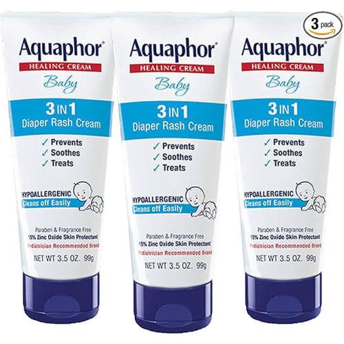 Aquaphor 3-in-1 Diaper Rash Cream, 3.5 Oz Tube, Pack of 3, Baby, Pediatrician Recommended, Zinc Oxide Formula, 15% Active Ingredient, Semisolid, Over-the-counter Skin Protectant