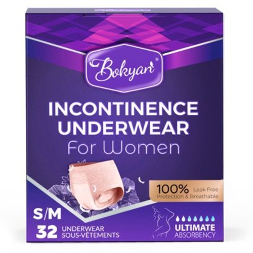 BOKYAN Incontinence Underwear for Women, Adult Diapers, Postpartum Bladder Leak Underwear, Absorbency, S/M, 32 Ct