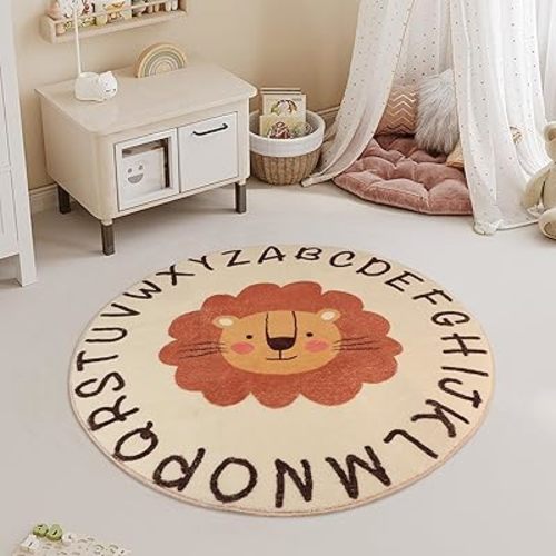 3ft Round Lion Rug, Soft Safari Nursery Rug, Educational Area Alphabet Rug for Kids Playroom Nursery Decor, Nonslip Play Mat, Animals Carpet, Jungle Rug Boy