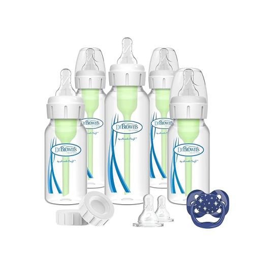Dr. Brown's Natural Flow Anti-Colic Options+ Narrow Baby Bottle Gift Set with Advantage Pacifier, and Bottle Travel Caps