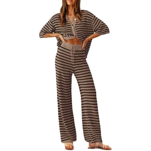 Tankaneo Womens Knit 2 Piece Lounge Sets Striped Short Sleeve Tops and Wide Leg Pants Travel Airport Vacation Outfits