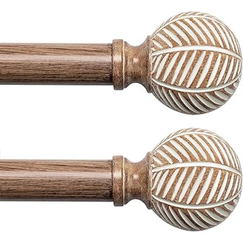 Wood Curtain Rods for Windows: 1 Inch Diameter Adjustable Drapery Rods 32" to 45",2 Pack Boho Curtain Rods with Imitation Wood Grain Leaf Pattern Finials