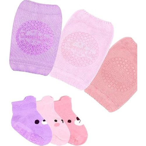 Baby Knee Pads for Crawling and Baby Socks for Walking (6 Pairs, 6-12 12-18 Months) I Toddler Socks with Grippers and Crawling Anti-Slip Knee Pads Infant Boys Girls Rodilleras para Bebes que Gatean