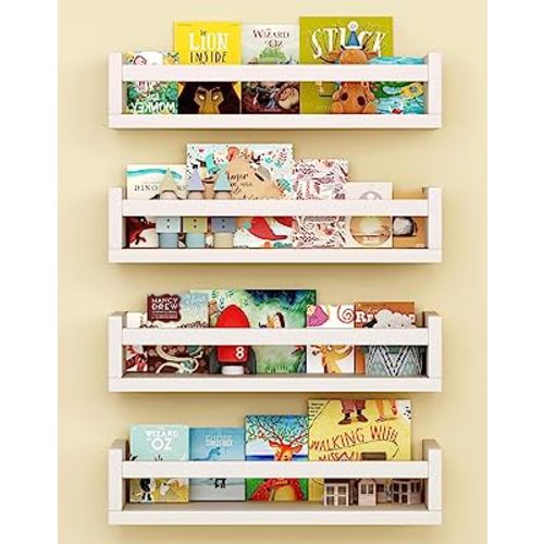 Set of 4 Wall-Mounted Kid's Bookshelf - White Floating Nursery Book Shelves - Durable Wood Construction - Ideal for Nursery Decor, Kids Room, Toy Storage