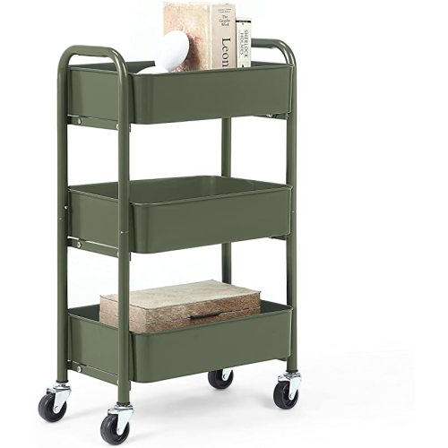 SunnyPoint 3-Tier Delicate Compact Rolling Metal Storage Organizer - Mobile Utility Cart Kitchen/Under Desk Cart with Caster Wheels (Army, Compact (15.5" X 26.8" X 10.27"))