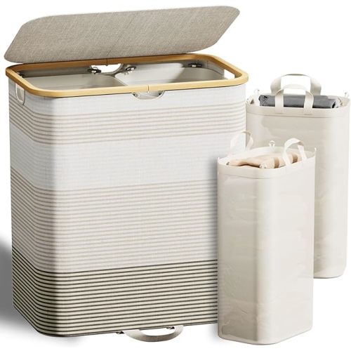 Double Laundry Hamper with Lid and Removable Bags, 150L Large Collapsible 2 Dividers Dirty Clothes Basket with Handles, Beige Double Laundry Basket Organizer for Bedroom,Laundry Room,College - Beige Gradient
