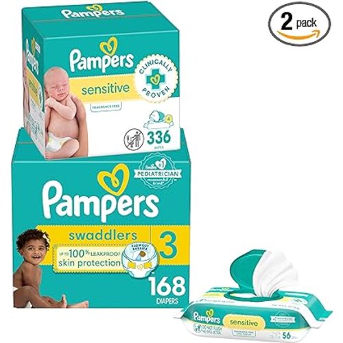 Diapers Size 3, 168 Count and Baby Wipes - Pampers Swaddlers Disposable Baby Diapers and Water Baby Wipes Sensitive Pop-Top Packs, 336 Count (Packaging May Vary)