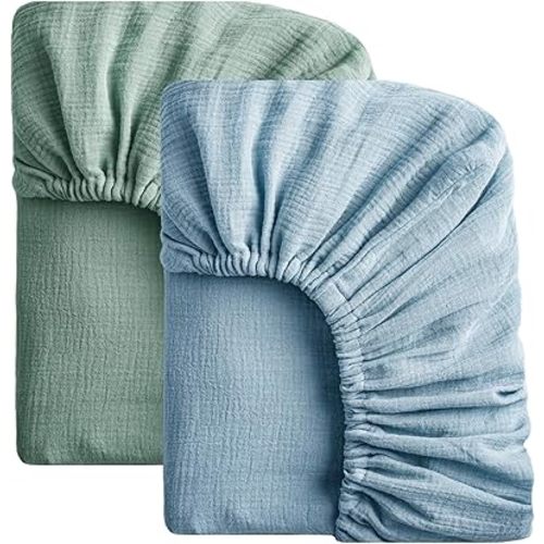 SOULFUL Mini Muslin Crib Sheets for Boys Girls, 2 Pack Soft and Breathable Cotton Fitted Crib Sheets for Standard Crib Mattress (24"x 38", Green & Blue)