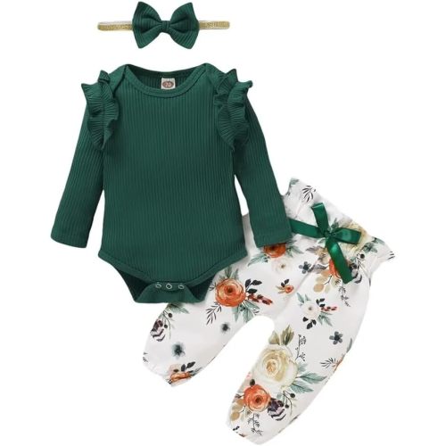 Baby girl clothes, Newborn Baby Girl Clothes, Soft Long Sleeve Onesies Girl Collocation Pants and Headband - 0-3 months - Green