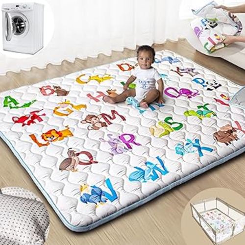 Baby Play Mats for Floor, 71”x59” Upgraded Thickness & Larger Super Soft Playmat for Babies and Toddlers, Foldable Washable, Upgrade Anti-Slip Crawling Mat for Playpen(Animal Alphabets)