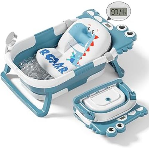 Alligator Collapsible Baby Bathtub for Newborn with Thermometer & 1 Soft Floating Cushion & Drain Hole, Foldable & Portable Travel Baby Bath Tub for Newborns to Toddlers 0-36 Months Girl