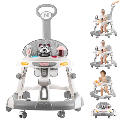 Baby Walker, 4-in-1 Foldable Baby Walkers and Baby Activity Center with Toys Tray,3-Gear Height Adjustable Infant Toddler Baby Walker with Wheels for Baby Boys and Girls 6-24 Months(Grey)