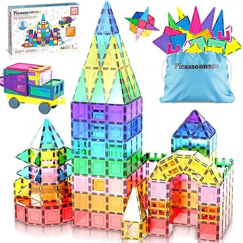 PicassoTiles 101 PCs Magnetic Tiles Building Blocks with Car & Drawstring Carry Bag Toy Storage Magnet Block for Toddlers Kids STEM Toy Set Educational Tile Learning Brain Development Ages 3+ PC101