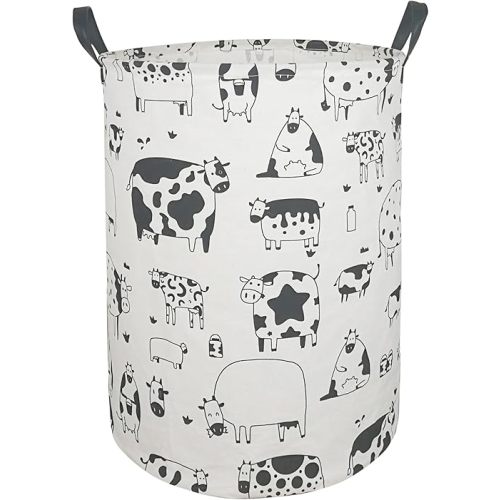 KUNRO Round Laundry Gift Basket Storage Hamper, Clothes Storage Organizer Bins, Shelf Basket with Handles for Room Decor (Cow)