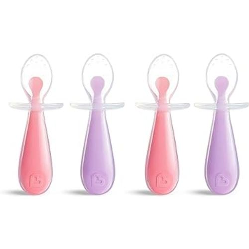Munchkin® Silicone Scoop™ Trainer Spoons with Choke Guard for Baby Led Weaning, 4 Count, Pink/Purple