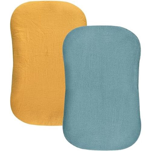 Hooyax Baby Lounger Cover 2 Pack - 100% Muslin Cotton Newborn Lounger Pillow Covers Only, Soft Breathable Infant Lounger Cover with Reinforced Stitching, Fits Most Standard Baby Loungers (Blue Ginger)