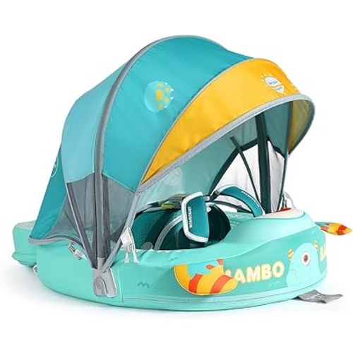 Mambobaby Float with Canopy Size Improved Non Inflatable Infant Baby Pool Float Smart Mambo Float Swim Trainer Add Tail Baby Swim Float Mambo Baby Float Solid Air Free Water Waist Swimming Ring