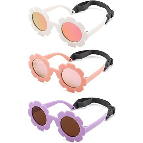 Hycredi Flexible Bendable Flower Baby Polarized Sunglasses with Strap for Newborn Infant Girls Age 0-24 Months