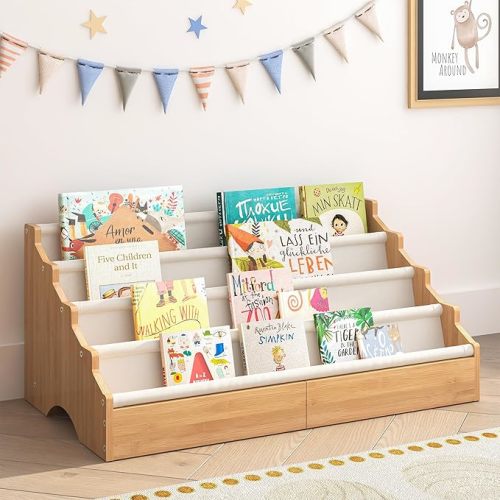 ELYKEN Toddler Bookshelf for Kids Rooms, Nursery Book Shelves with Open Forward Display, Montessori Book shelf for Baby Room, Small Children Classroom Books Rack Storage, Reading Corner for Kid, Beige