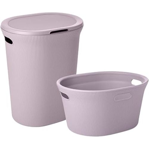 Superio Ribbed Collection - Decorative Plastic Laundry Basket & Laundry Hamper with Lid and Cut-Out Handles, Lilac (Set of 2) Organzier for Bedroom Bathroom College Dorm Room