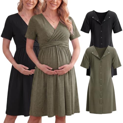 Cutecrop 2 Pack Labor and Delivery Gown for Hospital Maternity Nursing Dress Nightgown Button Back Birth Recovery Sleepwear
