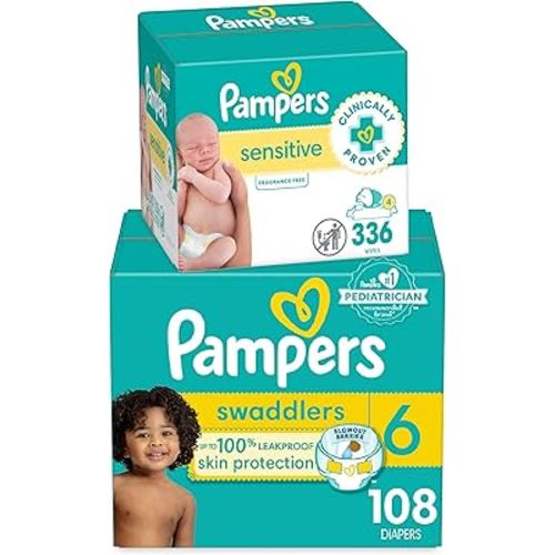Pampers Swaddlers Disposable Baby Diapers Size 6, 108 Count with Sensitive Water Based Baby Wipes 4X Pop-Top Packs (336 Count)