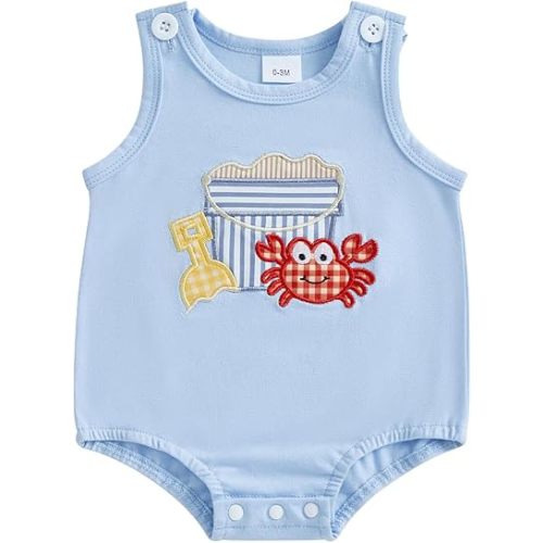 Baby Boy Crawfish Fishing Outfit Sleeveless Bubble Romper Fish/Lobster Overalls Bodysuit Beach Summer Clothes