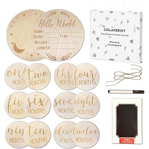 12PCS Monthly Baby Milestone and Baby Announcement Sign Set,Wooden Babys Monthly Milestone Classic Cursive Script, Hello World Newborn Sign with Ink Pad for Babys Photo Props