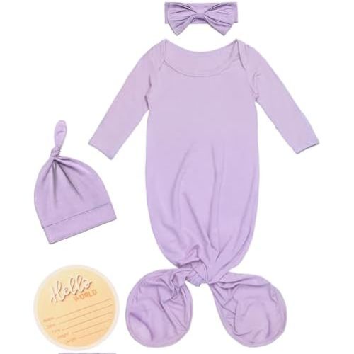 Soft Knotted Gown 0-3 Months, Modal Baby Gowns With Hello World Sign Newborn Announcement Outfit