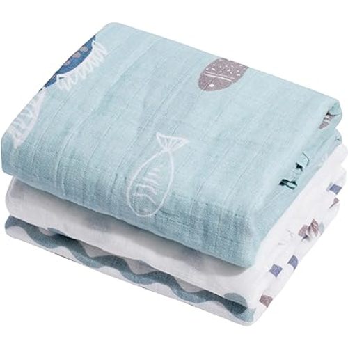 Muslin Baby Quilt 100% Cotton Newborn Blanket 47" X 47" 2 Layers Muslin Swaddle for Boy and Girl (Ocean Series)