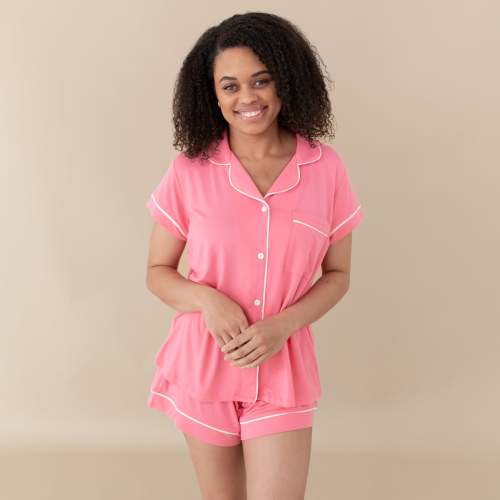 Women’s Short Sleeve Pajama Set in Guava with Cloud Trim