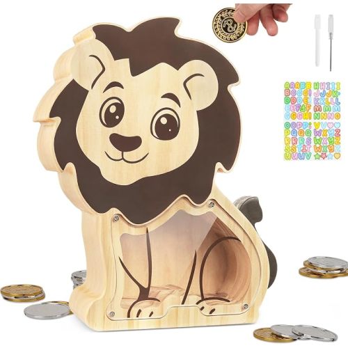 Wooden Piggy Bank for Kids, Unbreakable Coin Bank, Lion | Personalized Money Bank for Boys Girls Toddlers · Cute Children Gift for Birthday, Christmas, Thanksgiving, Baby Shower