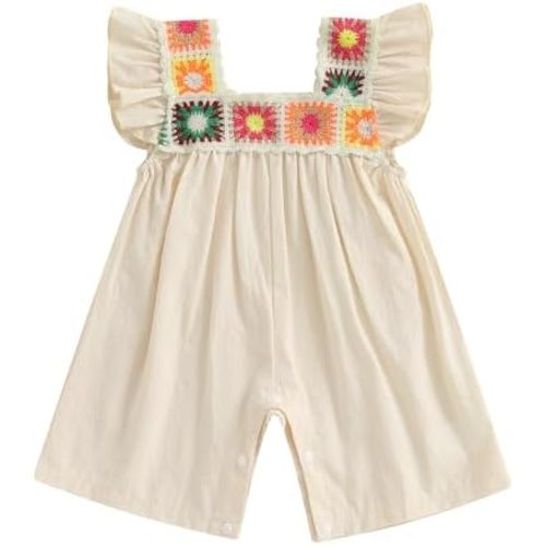 Baby Girl Romper Fall Clothes Ruffle Sleeveless Onesie Crochet Floral Bubble Romper Infant Bodysuit Boho Outfit